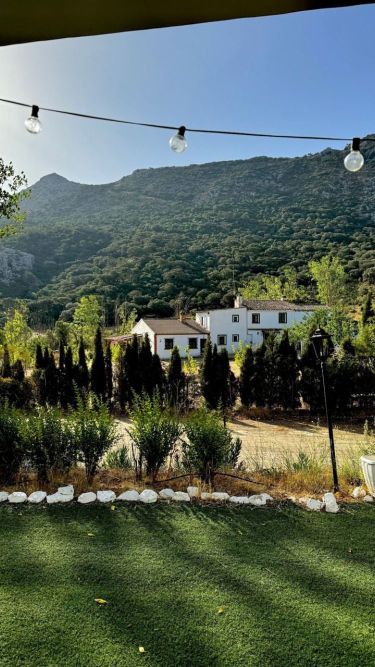 The house seen from the garden with string lights and mountains behind