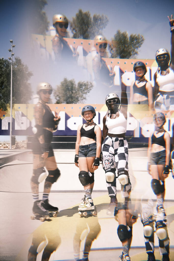 Double-exposure portrait of quad skaters in the skatepark